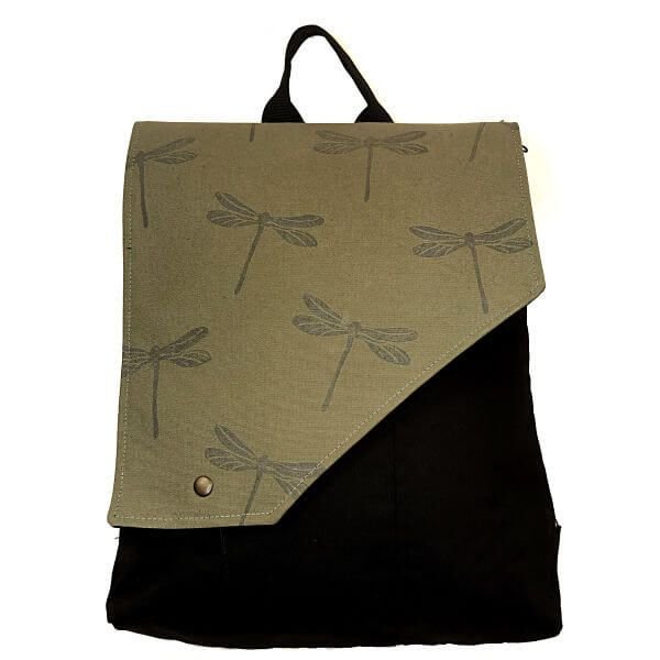 mochila de tela eco sostenible estampado Libelulas La Bicha Creativa verde